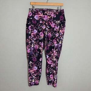 RBX Women Floral Print High Waisted Leggings Activewear Black Purple XL